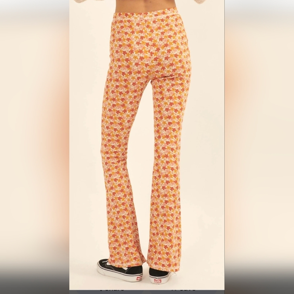Arula Floral-print ribbed knit pants, Boho Flare Fitted Cream Pants Sz 0x